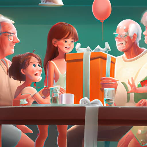 התכנסות משפחתית סביב שולחן לחגוג יום הולדת לסבא וסבתא עם מתנה עטופה להפליא