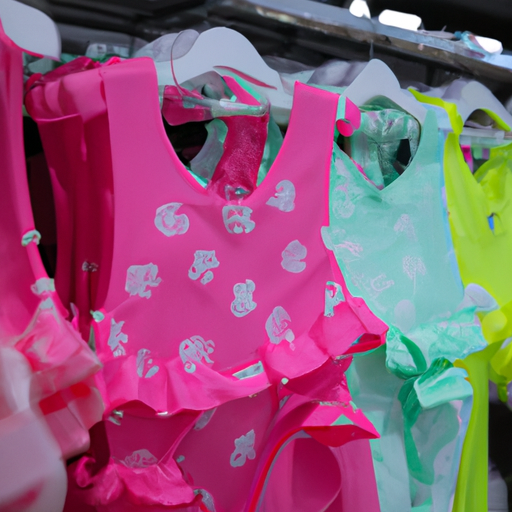1. מגוון בגדי ים צבעוניים לילדות המוצגים על מתלה בחנות.